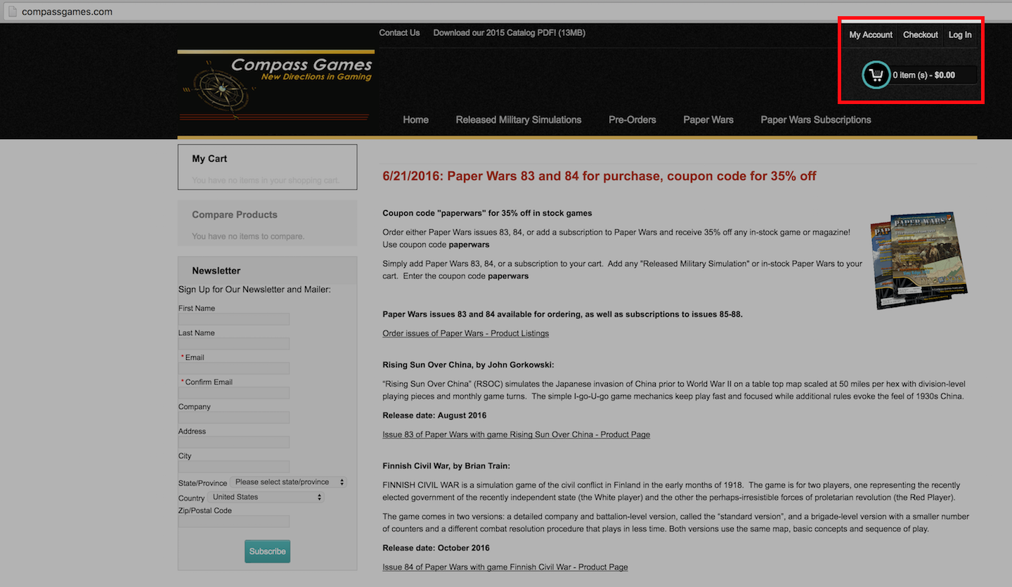 Compass Games website with My Account and Cart highlighted